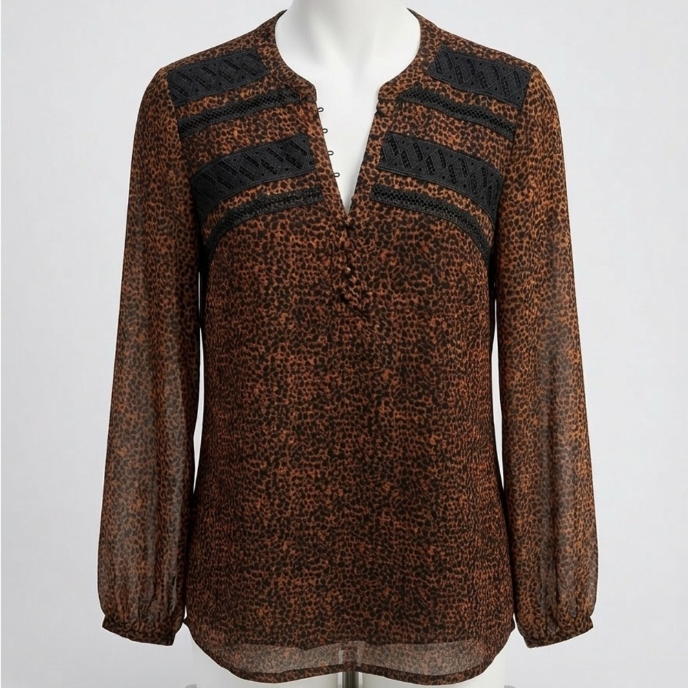 White House Black Market Brown Leopard Print Blouse with Black Lace Panels